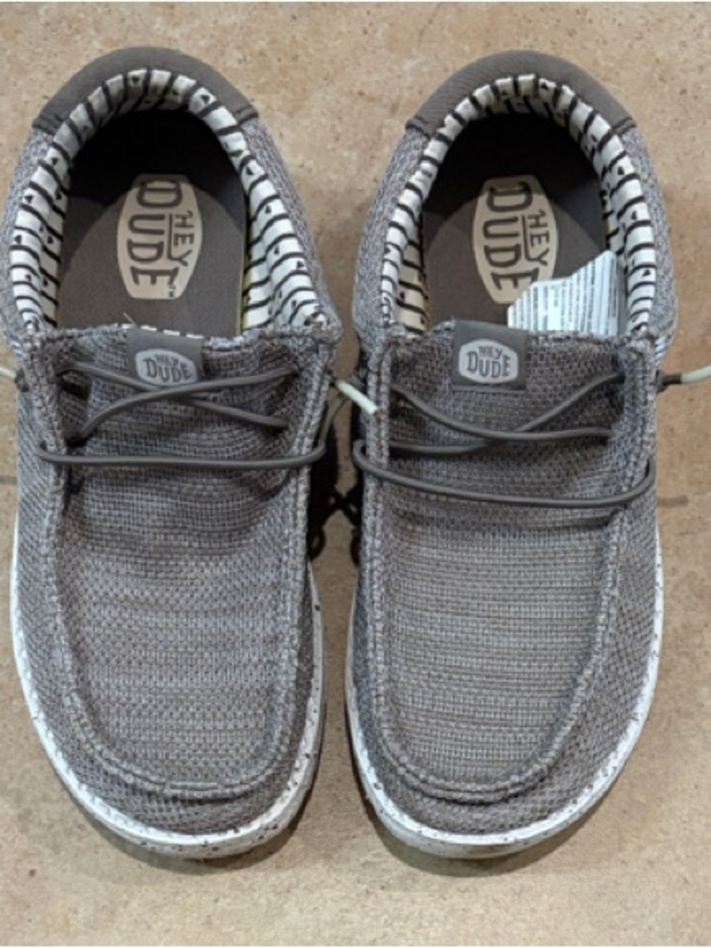 Hey Dude Taupe Knit Slip-On Shoes with Striped Lining Boys size 4 like new